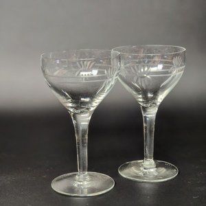 2 pc Vintage Etched Matte Floral Print Glassware for Wine or Sherbet